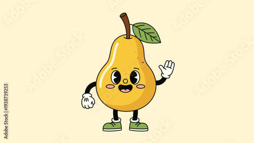 Cheerful retro cartoon pear character with a happy smiling face, enthusiastically waving its hand in a friendly greeting.