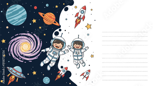 Dynamic illustration of two happy boy astronauts floating in a split cosmic background, half starry night, half bright day, with planets, rockets, and galaxies.