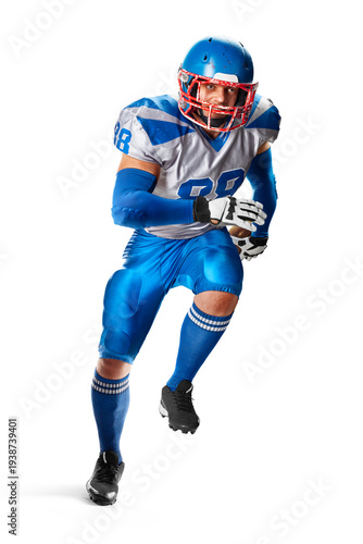 NFL. Football game. A young agile American football player runs fast. American football player in action. Isolated