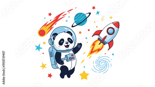 Adorable cartoon panda astronaut happily waving in outer space, surrounded by colorful planets, a comet, rockets, and twinkling stars.