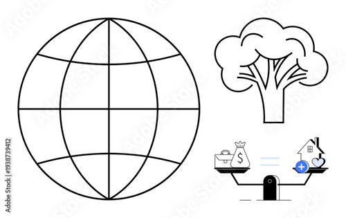 Sustainability concept. Sustainability symbols including a tree, globe, and balanced scales for financial equality. Promoting sustainability, eco-friendliness, global impact, environmental