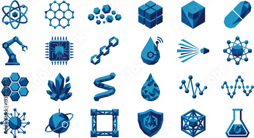 Collection of blue geometric icons representing science, technology, and futuristic innovation concepts.
