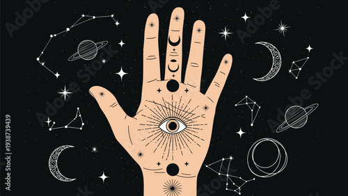Mystical hamsa hand with an all-seeing eye, surrounded by enchanting celestial elements including moons, stars, and constellations on a dark starry background.
