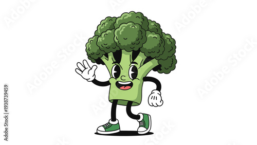 Cheerful retro cartoon broccoli character with a happy smiling face and green florets, confidently waving its hand.