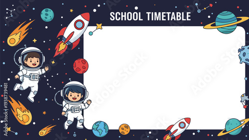 Dynamic illustration of two happy boy astronauts floating in vibrant outer space with planets, rockets, and comets, alongside a customizable "SCHOOL TIMETABLE" template.