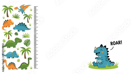 Whimsical dinosaur height chart for measuring children's growth, paired with an adorable baby dinosaur playfully roaring.