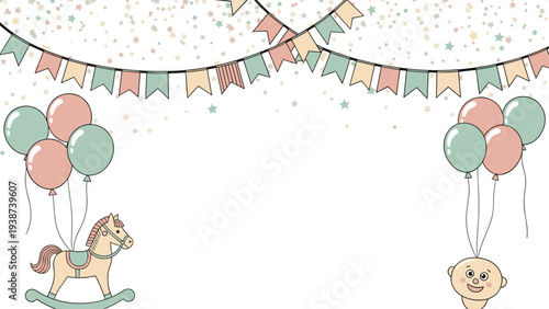 Sweet baby shower or first birthday background featuring pastel balloons, colorful bunting, a classic rocking horse, and a cute baby's head.
