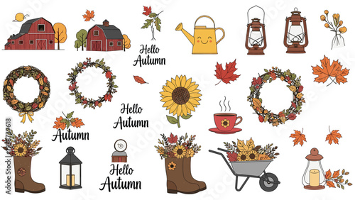 Charming collection of autumn-themed illustrations featuring rustic barns, decorative wreaths, vibrant sunflowers, cozy lanterns, and colorful fall leaves.