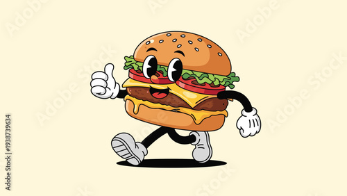 Delicious retro cartoon hamburger character with a happy face, arms, legs, and shoes, giving a cheerful thumbs up gesture.