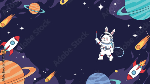 Dynamic space-themed background featuring an adorable astronaut bunny floating happily among planets, rockets, and comets in a starry universe, with copy space.
