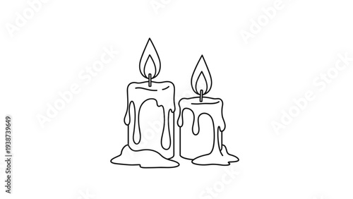 Elegant black and white line art drawing depicting two lit candles with dripping, melting wax, creating a serene and warm ambiance.