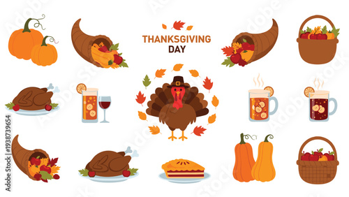 Festive collection of Thanksgiving Day elements, including a traditional turkey, bountiful cornucopias, pumpkins, apple pies, warm drinks, and fruit baskets.
