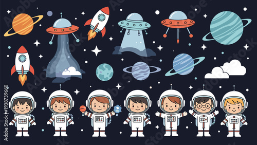 Charming set of cartoon child astronauts and various space elements, including rockets, planets, and UFOs, on a dark blue starry background.