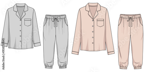 Two sets of pajamas in light gray and pink, button-up shirt with collar, drawstring pants, sleepwear fashion, flat vector illustration
