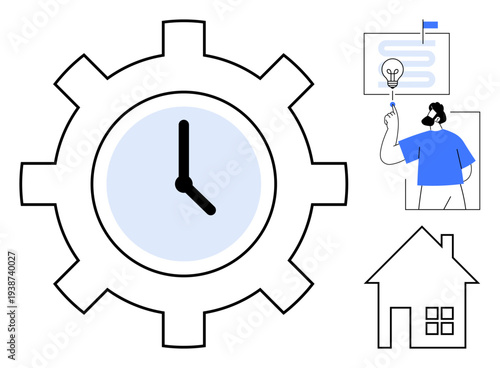Time management, productivity, planning, innovation, creativity, work-life balance, remote work. Gear with clock light bulb person house. Time management and productivity visualization concepts