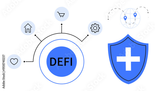Financial technology, security, data protection, blockchain, digital currency, global network. Circular layout highlighting DeFi with related icons and protective shield. Financial technology