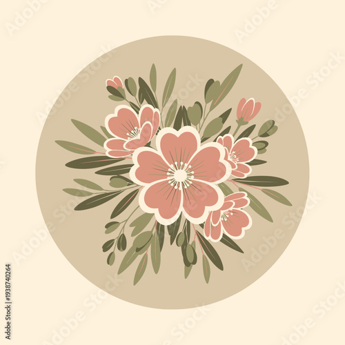 Elegant floral arrangement with delicate pink blossoms and lush green foliage.
