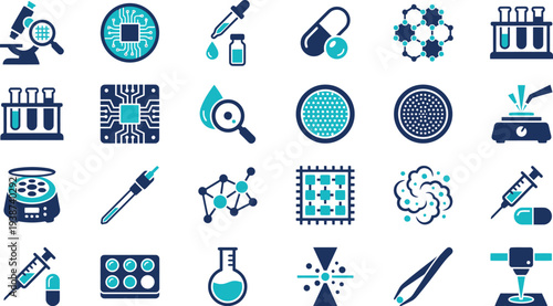 Collection of science laboratory equipment icons representing chemistry, biology, and modern nanotechnology research.