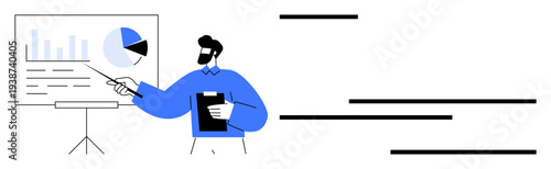 Data analysis, business strategy, team training, professional development, corporate planning, education. Man presenting with chart and clipboard. Data analysis and business strategy concept