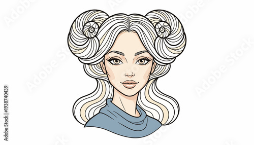 Stylized Portrait of a Woman with Ram Horn Hair and Blue Turtleneck