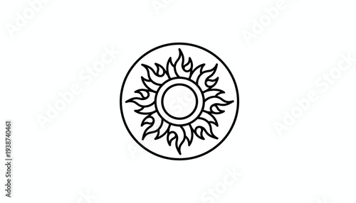 Stylized Sun Icon in Circle, Abstract Solar Symbol, Black and White Line Art