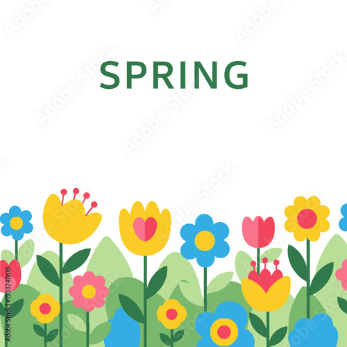 Vibrant spring flowers blooming in a colorful garden illustration.