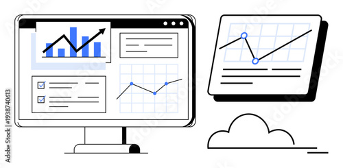 Computer screen displaying analytics dashboard with bar graph, line charts, checklists, and cloud connection. Ideal for business, technology, data, analysis, strategy planning and productivity