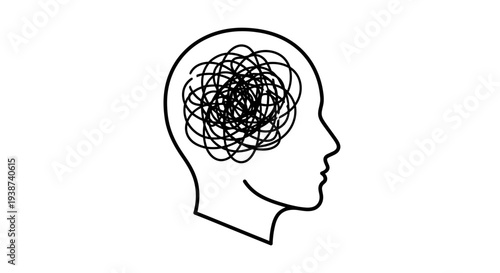 Tangled thoughts in head silhouette, concept of confusion, stress, mental health, anxiety