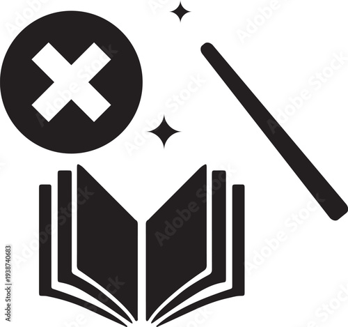 Open book with a magic wand and a cross icon
