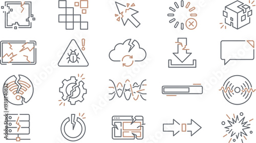 Collection of abstract line icons illustrating various technical failures, errors, and system problems clearly.