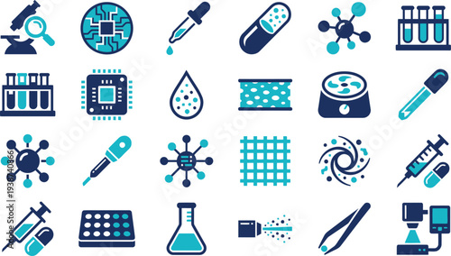 Collection of twenty blue and cyan icons representing modern biotechnology and scientific laboratory equipment symbols.