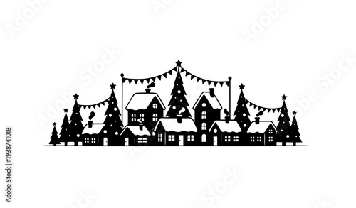 Festive Winter Village Silhouette with Christmas Trees and Bunting Holiday Skyline Vector