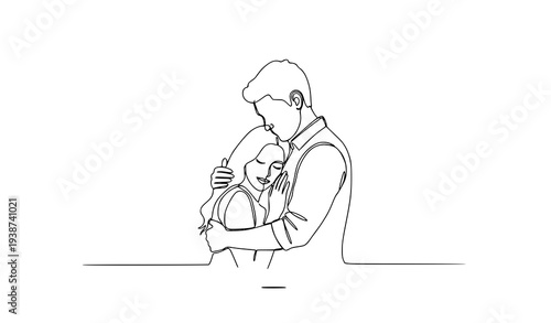 Continuous one line drawing of romantic couple hugging minimalist love outline vector illustration