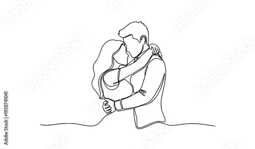 One continuous line drawing of loving couple embrace romantic minimalist outline vector illustration