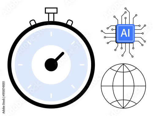 Time optimization, AI technology, global connectivity, automation, data processing, innovation. Stopwatch, AI chip and globe. Time optimization and AI technology concept