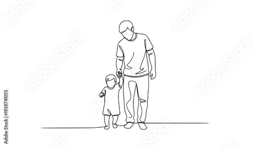 Minimal line art father helping child learn to walk family love vector illustration