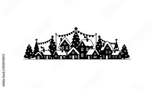Cute Christmas Village Silhouette with Holiday Trees and Bunting Banner Vector