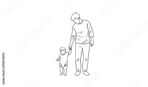 Father teaching toddler to walk minimalist family parenting line art vector illustration