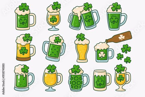 Green Beer icon, st patricks day and alcohol, glass of beer sign with foam, shamrock garnish vector graphic, a linear pattern on white background, editable stroke for postcard, invitation, ads, banner