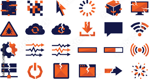 A comprehensive collection of digital technology icons depicting errors, glitches, system failures, and data corruption.