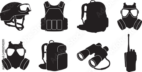 Set of 8 Military and Survival Gear Silhouettes Vector