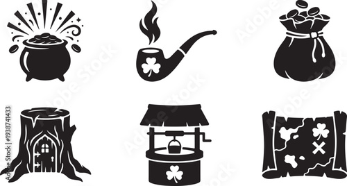 St patrick's day silhouette icons set with shamrocks pot of gold and treasure symbols