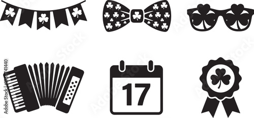 St patrick's day celebration silhouette icons festive bunting shamrock bow tie lucky glasses accordion calendar date 17 and award ribbon graphics