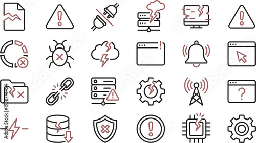 Modern vector icons illustrating critical system malfunctions, data breaches, and network problems.