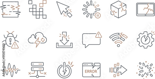 A comprehensive collection of digital error and malfunction icons illustrating various technical problems.