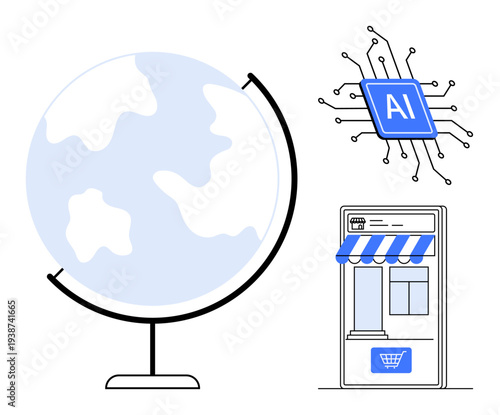 Artificial intelligence, global commerce, digitalization, e-commerce, technology trends, innovation. Globe, AI chip retail store illustration. Artificial intelligence and global commerce concept