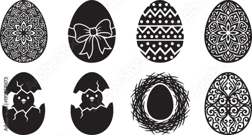 Easter eggs silhouette with patterns and chicks emerging from cracked eggs in a nest