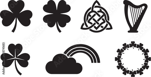 Collection of irish cultural symbols including shamrock silhouettes celtic knot harp rainbow and clover wreath representing luck and tradition in a graphic