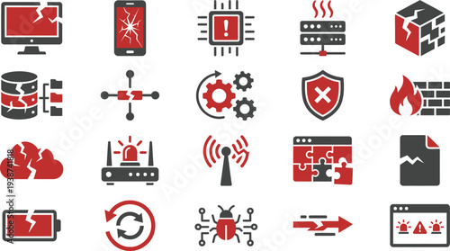Collection of essential technology icons representing various critical system errors and failures