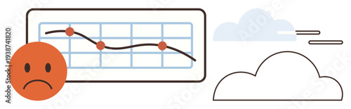 Economic decline, financial loss, business failure, market downturn, emotional distress, weather metaphor. Sad face with downward trend graph, clouds. Economic decline and financial loss concept